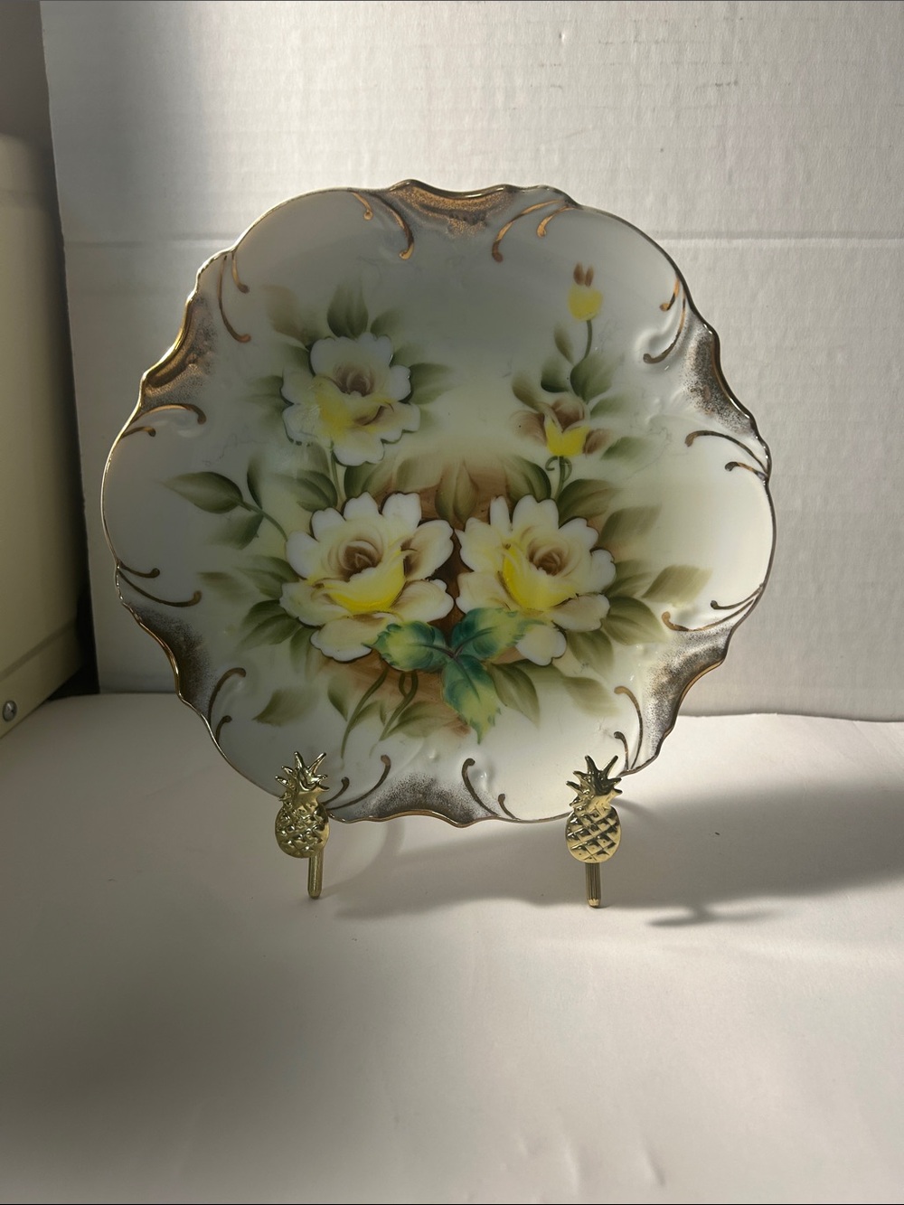 Decorative White and Yellow Floral Porcelain PlateVintage hand painted plate